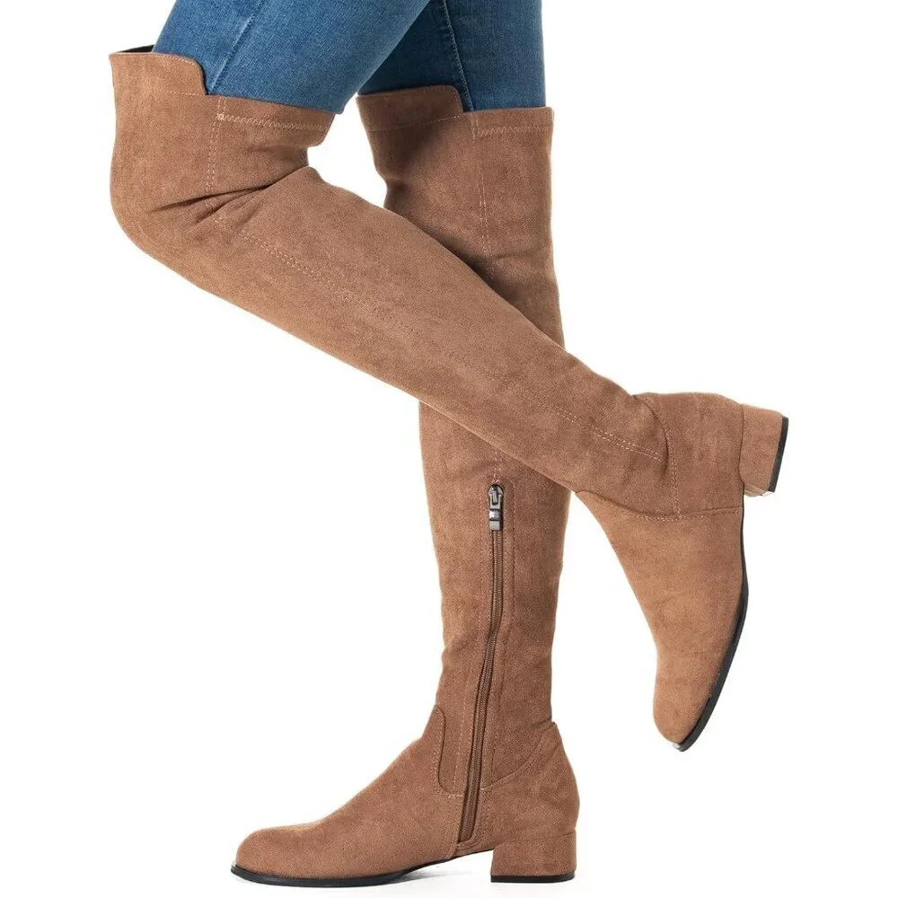 Women Brown/Flat Suede Over the Knee Thigh High Chunky Block Heel Winter Boots